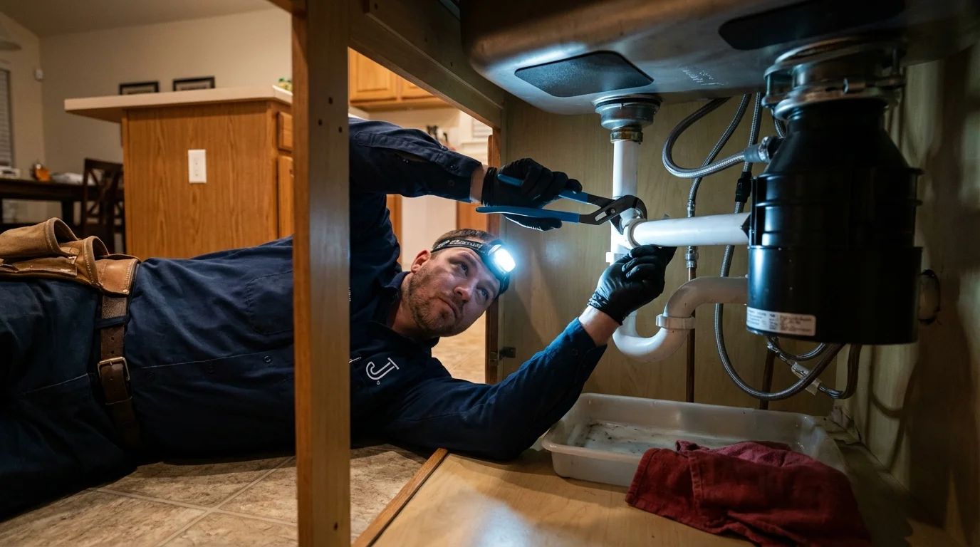 P-trap and supply line connections under a kitchen sink showing a common leak point in Rifle, CO